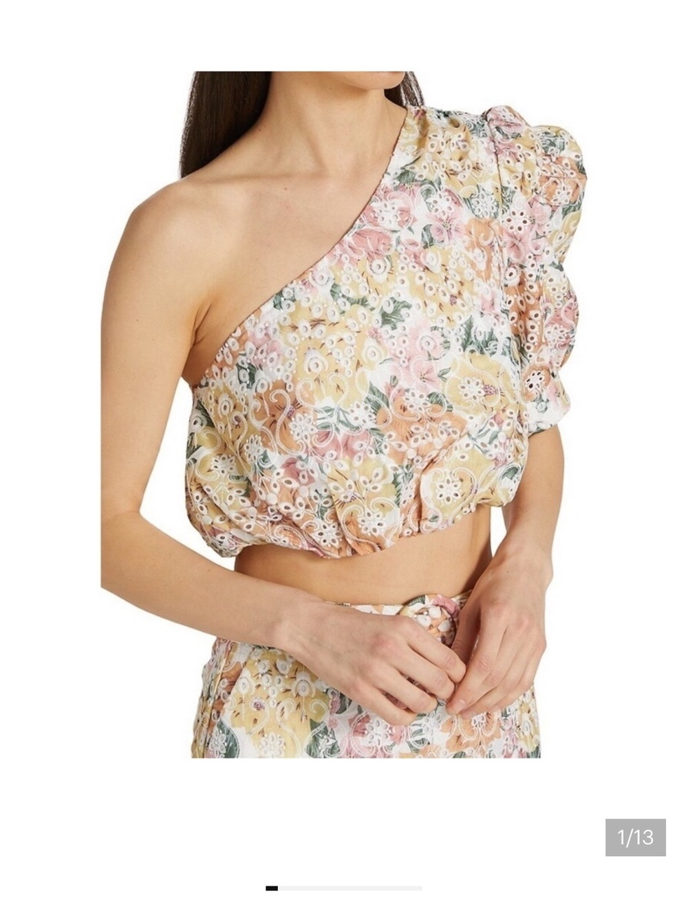 En saison One-Shoulder Floral Eyelet Top in Peach, Yellow & Cream